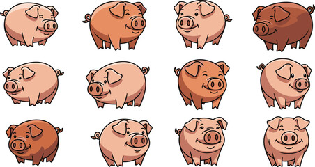 Group of cartoon pigs with various shades of pink. Farm animals, cheerful, livestock, cute, happy, illustration, drawing, domestic, piggy, swine