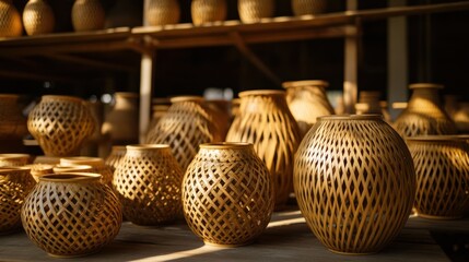 Handcrafted ceramic pots with lattice patterns in a pottery workshop