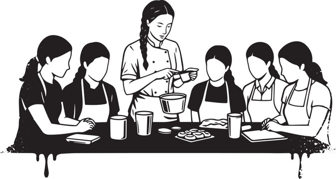 Culinary education artwork featuring a teacher guiding her stude