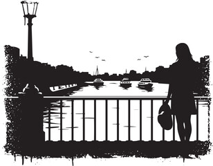 Fototapeta premium Monochrome contemplation: A woman's silhouette gazes at boats on