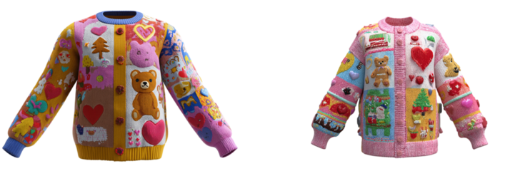 Two pink and yellow knitted sweaters with teddy bears and hearts isolated on transparent background
