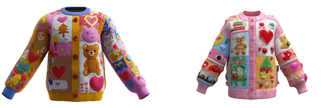 Two pink and yellow knitted sweaters with teddy bears and hearts isolated on transparent background