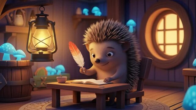 A cartoon hedgehog writing with a quill pen at a wooden desk in a cozy, rustic room with warm lighting.
