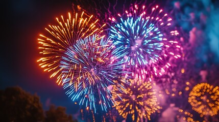 Fototapeta premium Vibrant Fireworks Display in Night Sky for Celebrations 