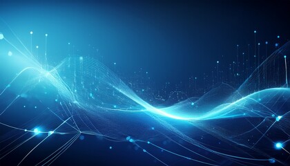 abstract blue technology background with floating particles and network lines on a dark blue gradient