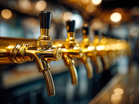 Elegant gold beer taps with black handles in a modern bar setting