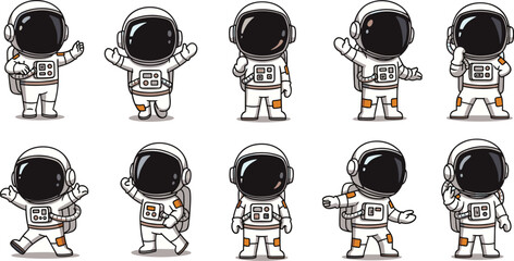 Cartoon astronauts in various poses on white. Spaceman vector set, cute illustration, kids space exploration, astronomy, science, character design elements.