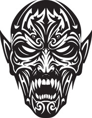 Obraz premium Ornate tribal demon face illustration in black and white on an i