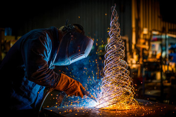 Skilled welder creating a decorative metal sculpture with sparks and vibrant light effects