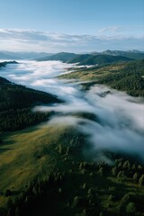 Fototapeta premium Majestic aerial view of foggy mountain landscape with lush green forests and rolling hills