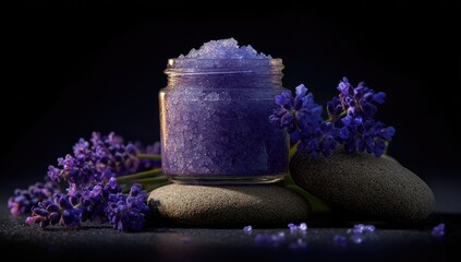 Purple spa salt in jar, surrounded by lavender and stones