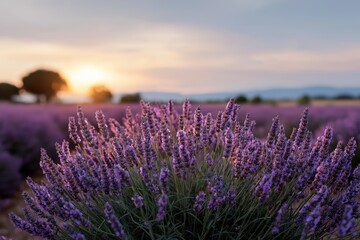 Obraz premium Lavender fields at sunset with vibrant blooms in a serene landscape