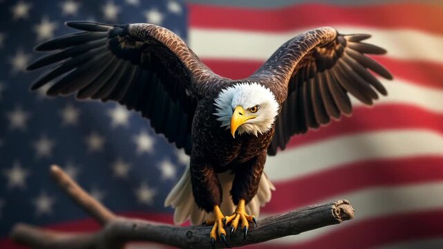 Bald eagle perched on a branch with american flag and stars in the background patriotic image view 
