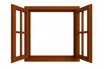 Weathered wooden window frame standing ajar, allowing natural light penetration, perfect for architectural rendering with clean transparent backdrop