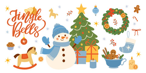 Christmas Illustration with Snowman Decorated Tree Gifts Gingerbread Man Holiday Decorations and Seasonal Elements Perfect for Winter Celebration and New Year Design