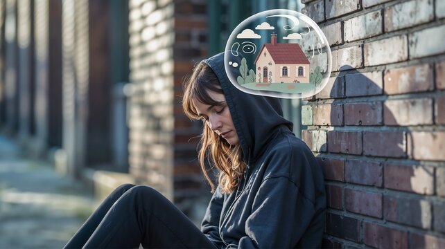 Homeless female on the street dreaming about her own house in thought bubble, urban background, social awareness, copy space
