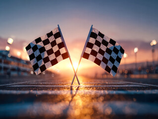 Celebrating victory with crossed checkered flags at sunset on a racing track