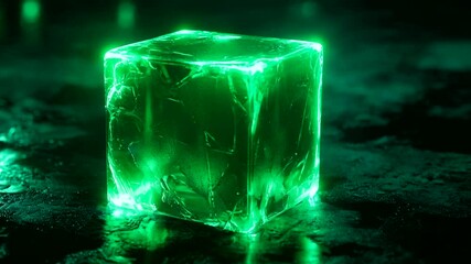 A glowing, vibrant green cube rests on a dark surface. - Powered by Adobe