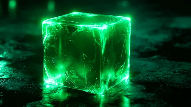 A glowing, vibrant green cube rests on a dark surface.