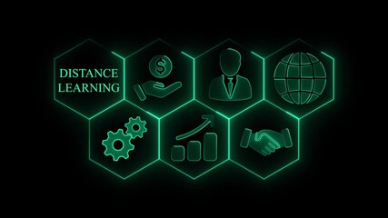 DISTANCE LEARNING indicator business finance concept. glowing animation. DISTANCE LEARNING text inside glowing neon circle with human icons. DISTANCE LEARNING glowing neon line performance icons - Powered by Adobe