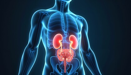 3D model of human body illustration showing urinary system, health and disorder awaremess, digital art glowing on dark background, copy space