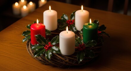 Four Candles Lit on an Advent Wreath with Greenery and Berries