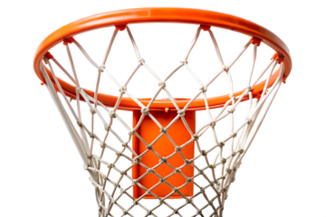 Upward view of an orange basketball hoop with a white net, isolated on transparent background, capturing the essence of the sport and the thrill of the game