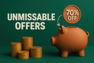 Unmissable offers with 70% OFF discount promotion, modern style, appealing retail sale banner.