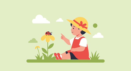 Naklejka premium Curious Child Observing a Ladybug Perched on a Yellow Flower in the Meadow