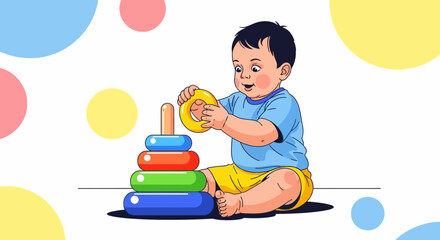 Fototapeta premium Childs Playful Moments Constructing The Tower Of Colorful Rings With Delight