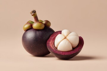 Two Ripe Mangosteen Fruits, One Halved Revealing Juicy White Segments, Against a Soft Beige Background.