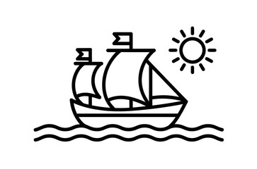Simple Line Art Illustration of a Sailing Ship at Sunrise