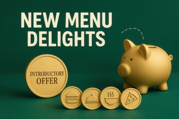 NEW MENU DELIGHTS with INTRODUCTORY OFFER promo, sleek modern style, engaging retail discount promotion for food items.