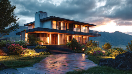 Obraz premium Modern luxury home with scenic mountain views at sunset