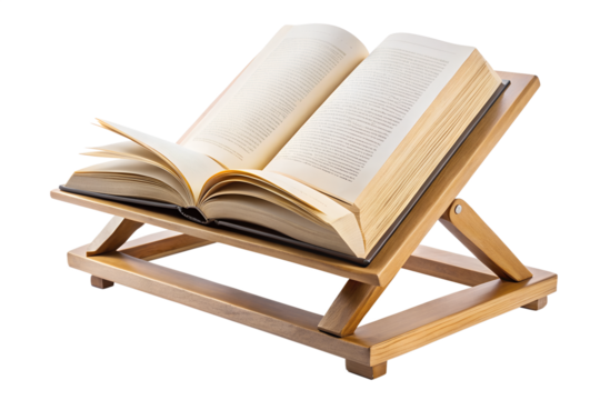 An open book on a wooden stand isolated on transparent background, showcasing the beauty of literature and the joy of reading, perfect for library or study themes