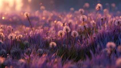 A field of purple grass and dandelions at sunset.  Soft focus, golden light
