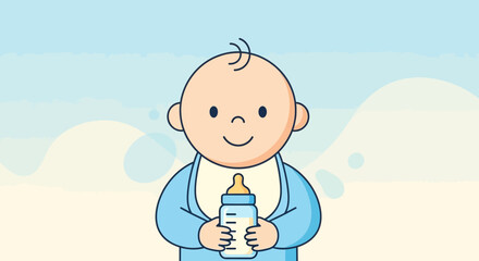 Cute baby holding a bottle full of milk, cartoon vector illustration on a pastel background