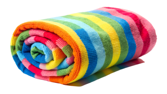 Rolled colorful striped beach towel isolated on transparent background, a soft and absorbent accessory for bath and hygiene, with vibrant rainbow colors