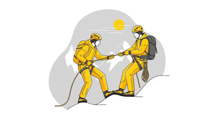 Climbers Ascending A Majestic Mountain, Utilizing Ropes, Achieving Peak Together Seamlessly