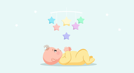 Cute baby looking up at a star mobile in soft colors and a light blue background
