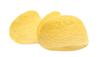potato chips with sour cream and onion flavor isolated on white background, side view