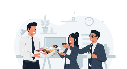 Colleagues Sharing Donuts During a Break in the Workplace Demonstrates Teamwork and Friendship