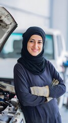 Confident smiling Muslim woman mechanic in a black hijab and work gloves with arms crossed.