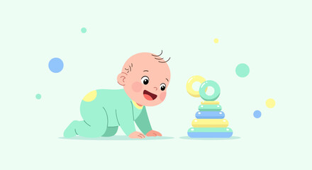 Cute baby playing with a toy pyramid rings on a light green background
