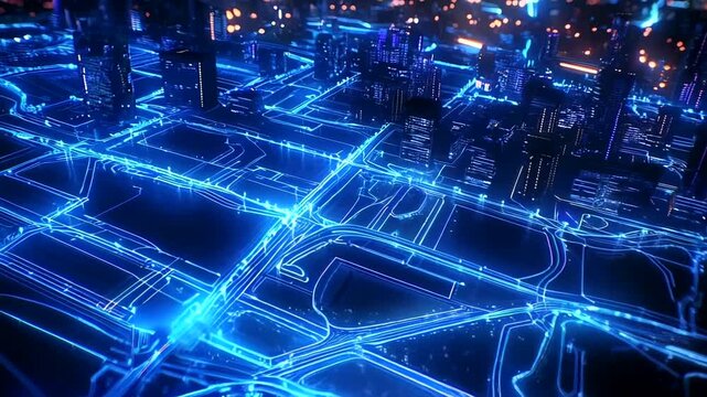 A digital representation of a futuristic city's interconnected infrastructure, highlighted by glowing blue lines.