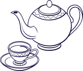 Elegant teapot with teacup line art illustration. Minimal black and white drawing for tea, cafe, or kitchen decor themes. Classic beverage sketch artwork design.