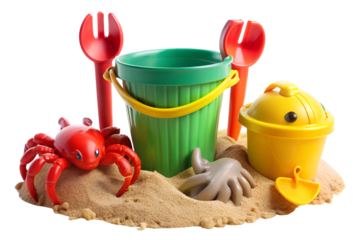 Colorful plastic beach toys including bucket, shovel, and crab isolated on transparent background, perfect for summer fun and childhood play