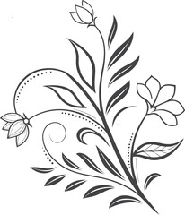 Elegant floral decorative line art with blooming flowers and leaves. Graceful botanical illustration for design and decoration. Artistic ornamental nature sketch artwork.