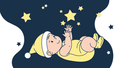 Cute baby reaching for stars in a dreamlike illustration with a night sky