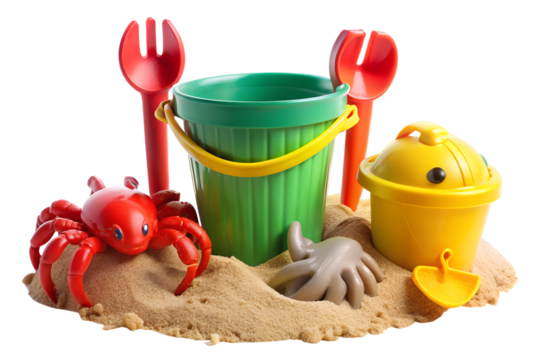 Colorful plastic beach toys including bucket, shovel, and crab isolated on transparent background, perfect for summer fun and childhood play